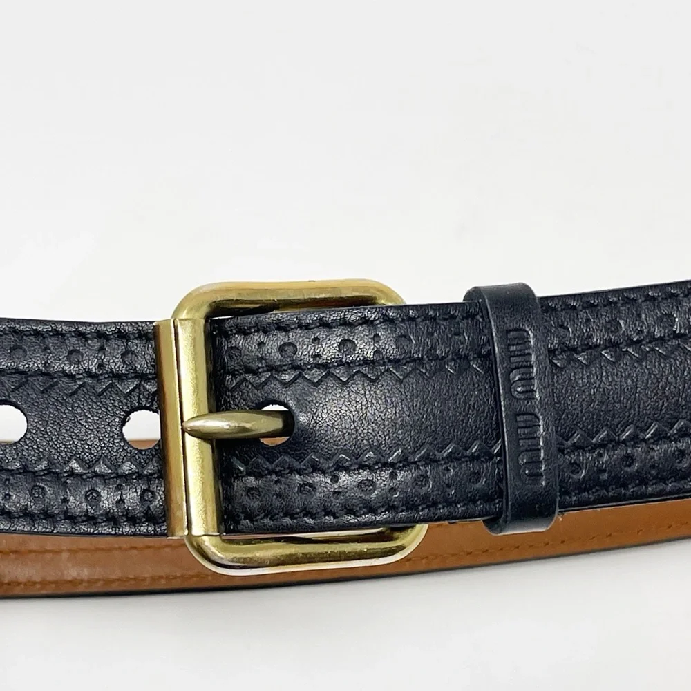 Miu Miu Italian Leather Belt Perforated Laser-Cut Black 32 - Picture 6 of 8